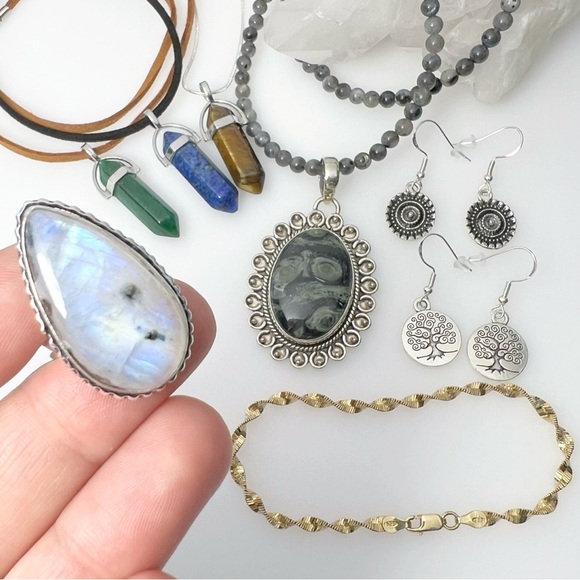 Jewelry - Jewelry Lot Gold Sterling Bracelet Kambaba Jasper Pendant Moonstone Ring Size 7